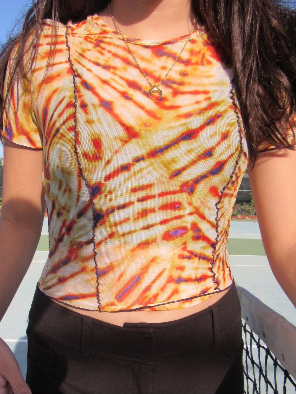 Urban Outfitters Orange Yellow Tie-Dye Mesh Short Sleeve Top